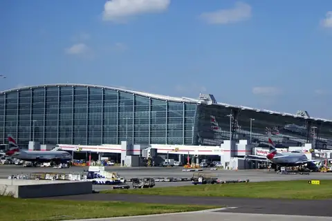 Aerial view of a Heathrow Airport terminal building and aircraft stands